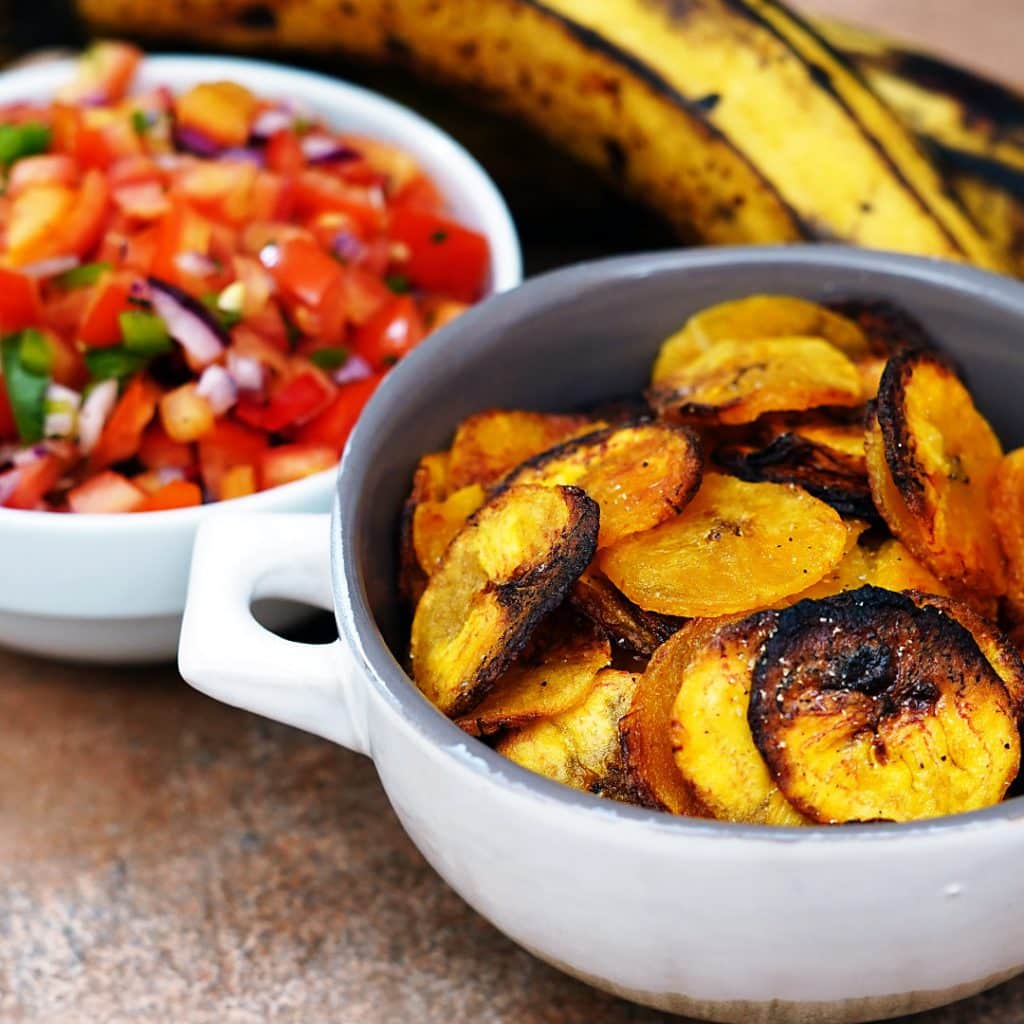 Oven Baked Plantain Chips with Tomato Salsa