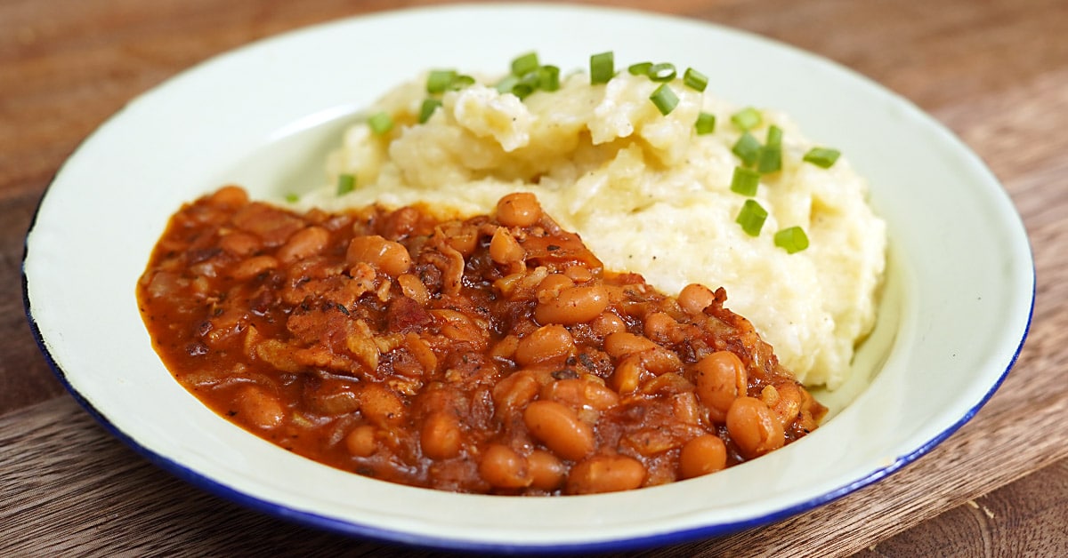 Spicy Bacon Baked Beans With Garlic Coconut Mashed Potatoes